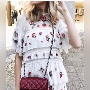 Zara White Ruffle Tiered Floral Embroidered Aztec Bloom Babydoll Dress Large